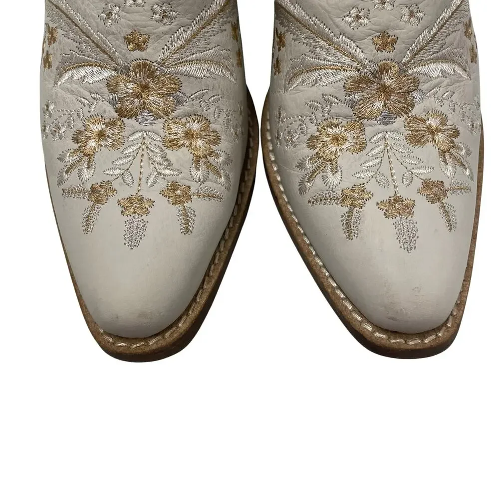 Dingo Primrose Western Bootie White Leather Floral Embroidered Womens Size 8
